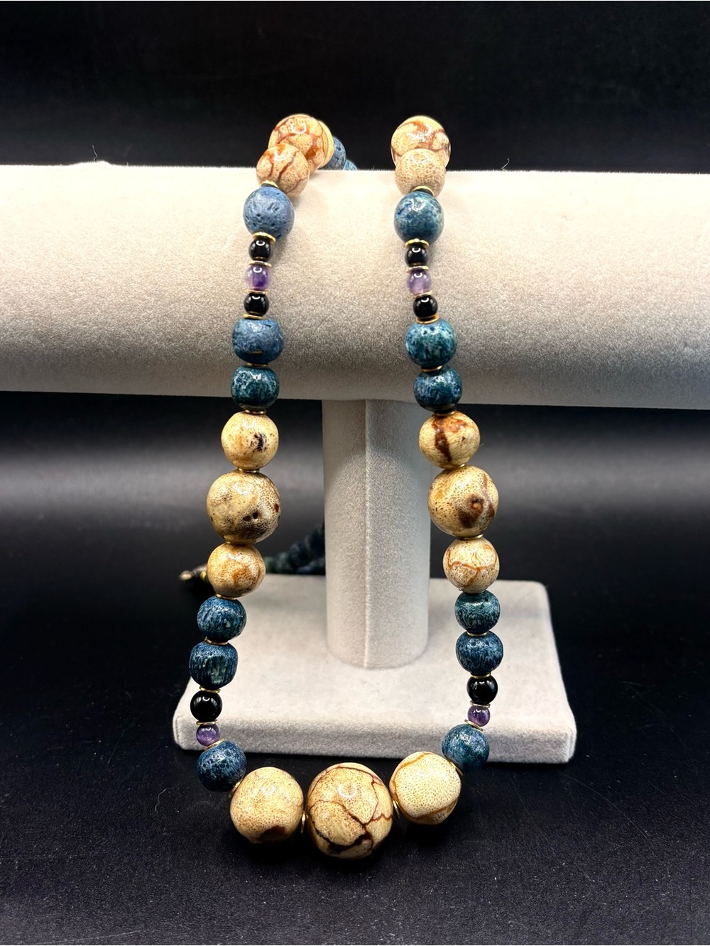 VTG Handmade Studio Art Bead Amethyst Ceramic Wood Mixed Media 25"